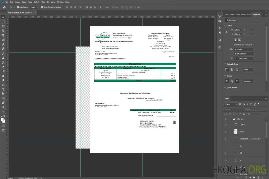 Modèle de facture de services publics d'entreprise USA Iowa Consumers Energy aux formats Word et PDF template